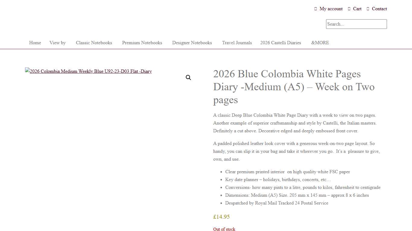 2026 Blue Colombia White Pages Diary -Medium (A5) - Week on Two pages - Diaries and More